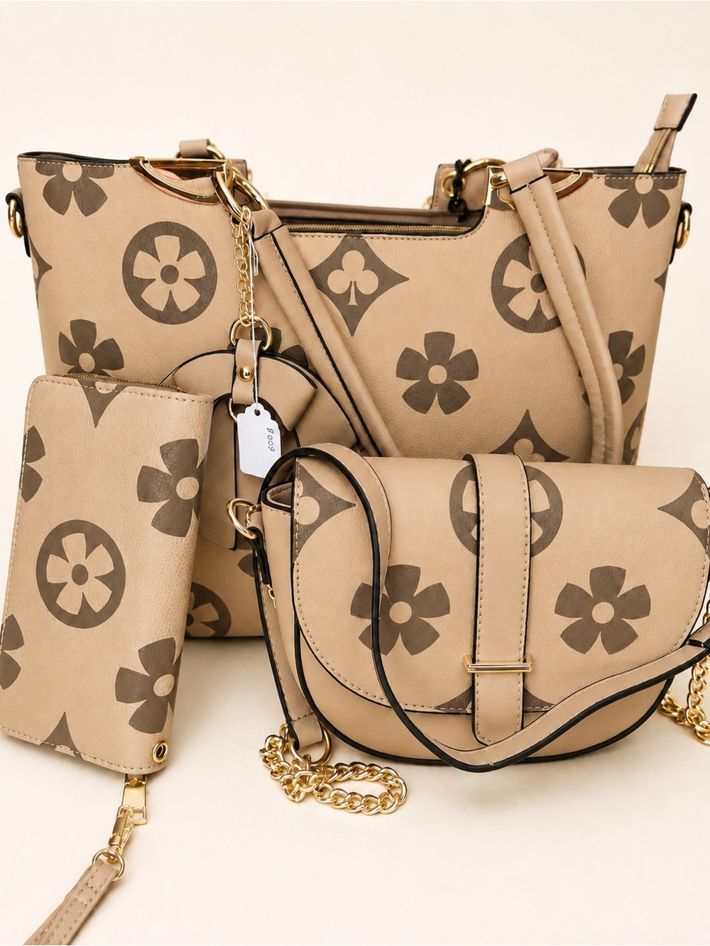 Beige Floral-Print 3-Piece Tote & Crossbody Set